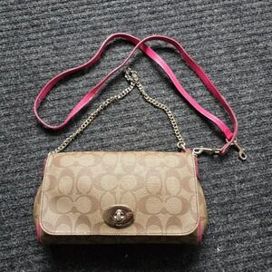 Coach Mini Ruby Chain Shoulder Pink Trim Brown Signature Leather Canvas Turnlock